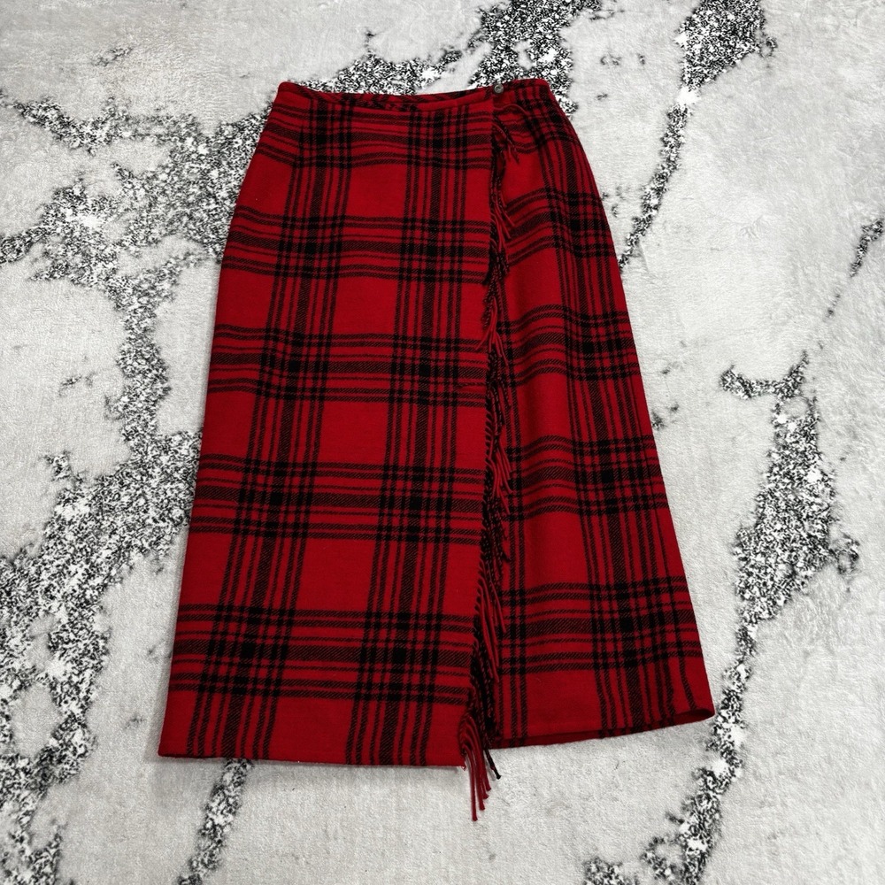 Vintage Eddie Bauer Wool Blend Tartan Plaid Wrap Midi Skirt Size 12 Fringe